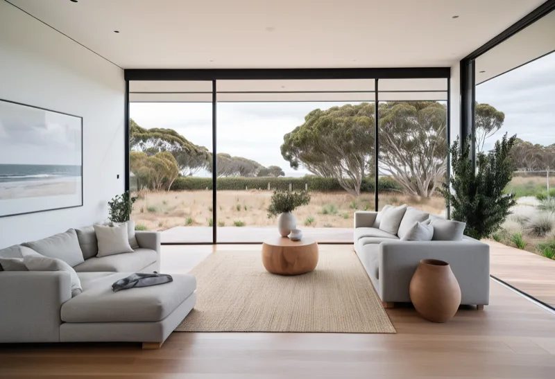 Motorised roller blind in soft grey lowering halfway across a large picture window in an open plan coastal living area