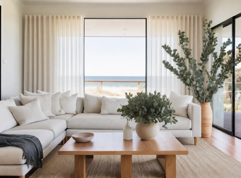 Floor-to-ceiling ivory sheer curtains softening morning light in a coastal lounge room with ocean views