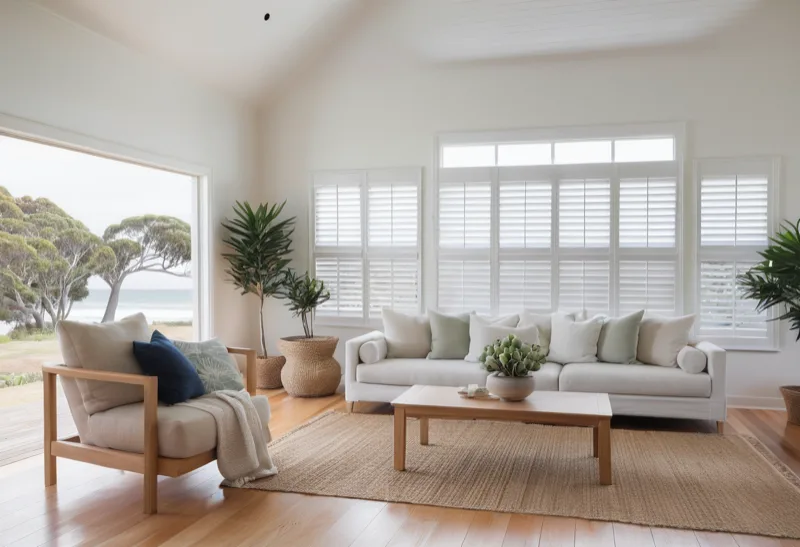 Wall of white timber plantation shutters with louvres tilted to cast soft horizontal light across a coastal lounge room